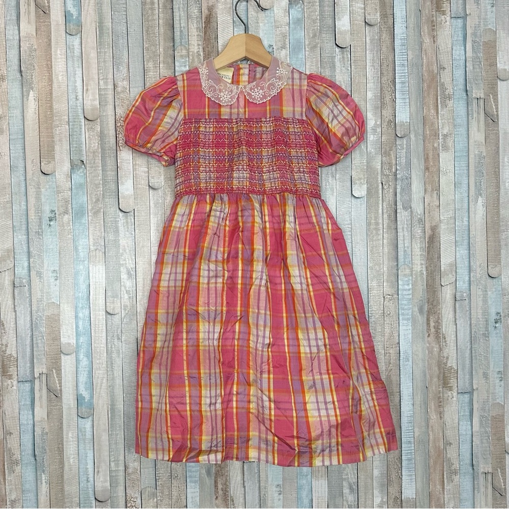Laura Ashley 5 Vintage Girls Silk Smocked Lace Collar Plaid Dress Play Party - Picture 2 of 9